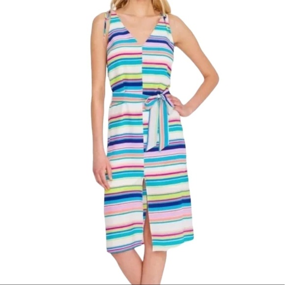 NWT’S Alice and Trixie 100% silk fully lined V-neck Midi neon striped dress SZ M - Picture 2 of 10